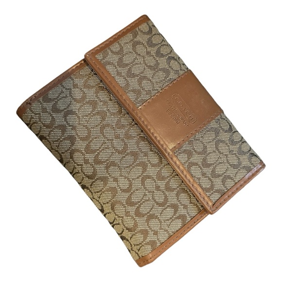 Tan & Brown COACH Signature Canvas Tri-Fold Wallet with Tan Interior - Picture 3 of 16